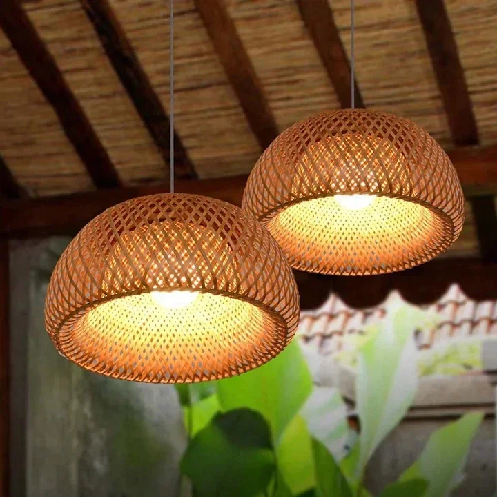 Plafonnier Suspendu en Bambou et Rotin Naturel, 30cm, Luminaire Décoratif d'Nik, Tissé à la Main