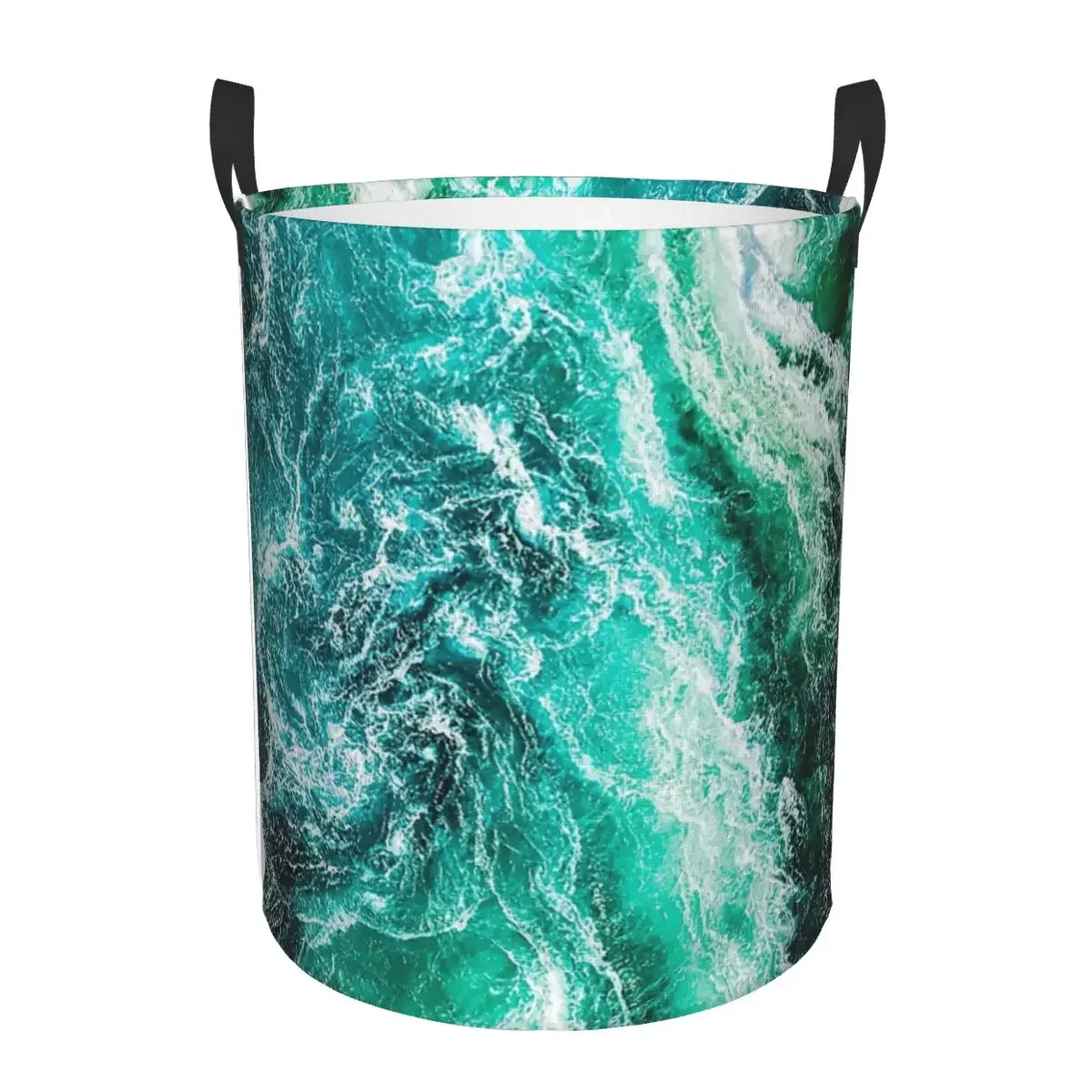 Green Ocean Waves Top Down View Folding Laundry Baskets Dirty Clothes Sundries Storage Basket Organizer Large Waterproof Hamper