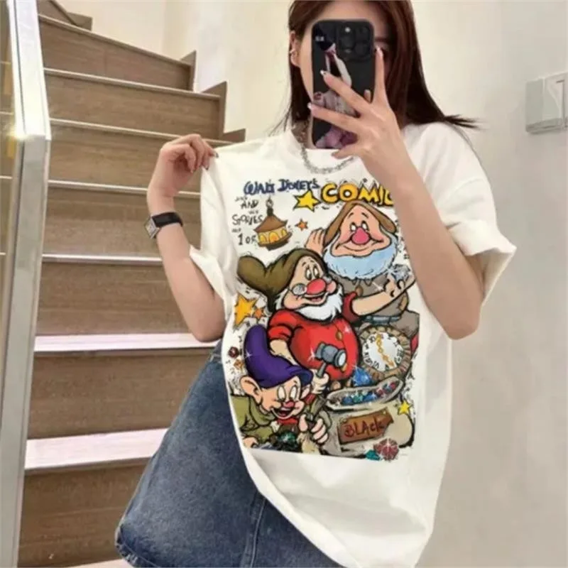 

Snow White Cartoon Dwarf Printed Short Sleeved T-shirt for Men and Women, Summer Loose Cotton Casual Couple Top, Street Fashion