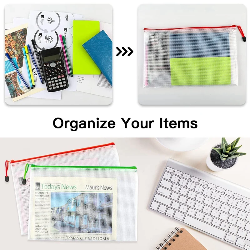 12Pcs A4 Zip Folders Mesh Zipper Pouch Document Bag Plastic Zip File Folders, Letter Size/A4 Size For Office Supplies