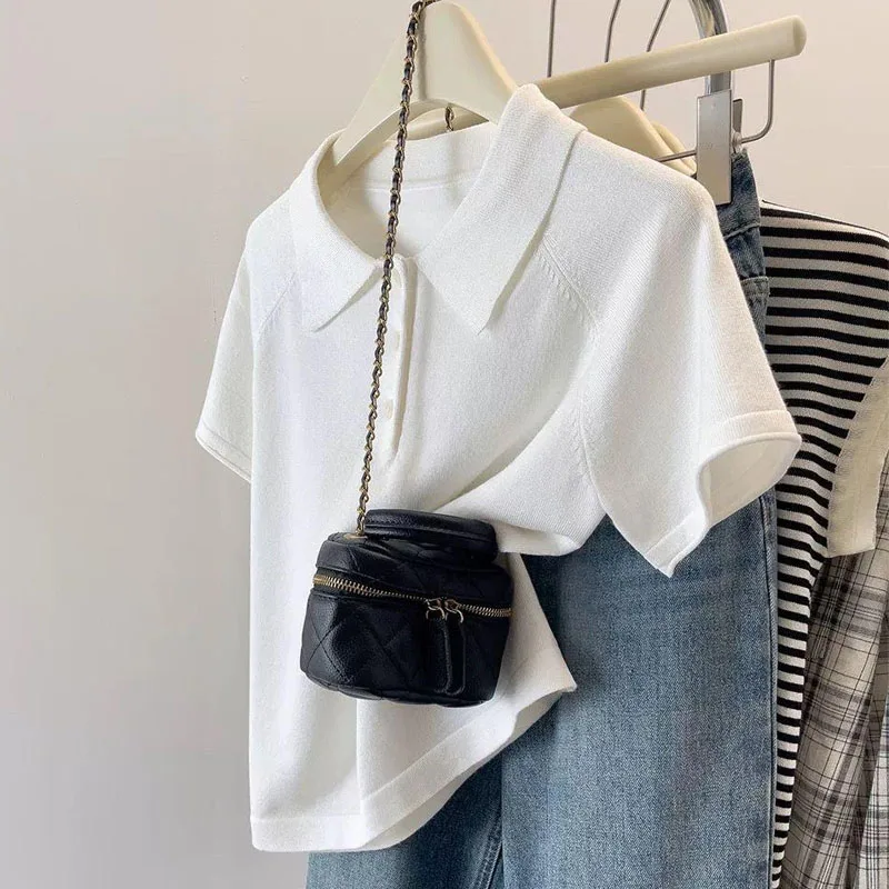 스웨터 반팔 니트 스웨터 여성 풀오버 신상 화이트 블랙 턴다운 칼라 니트 스웨터 풀오버 여성 상의 Q2667