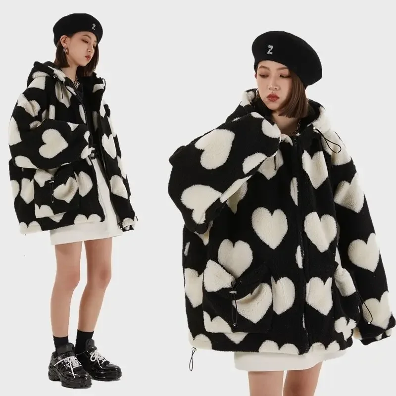 Winter High Street Harajuku Love Printed Rabbit Fur giacca imbottita uomo e donna giacca in cotone con cappuccio per studenti in stile Hong Kong