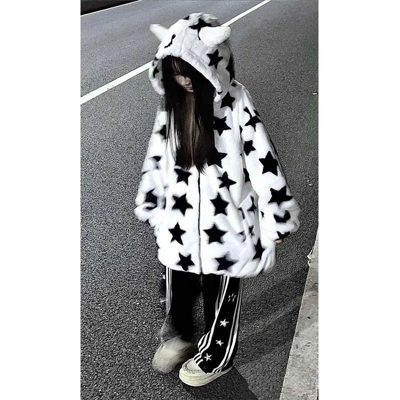 

Star Printed Hoodie Jacket for Women Winter Loose Oversized Sudaderas Harajuku Ropa Mujer Hooded Zip Up Fashion Y2k Goth Coats