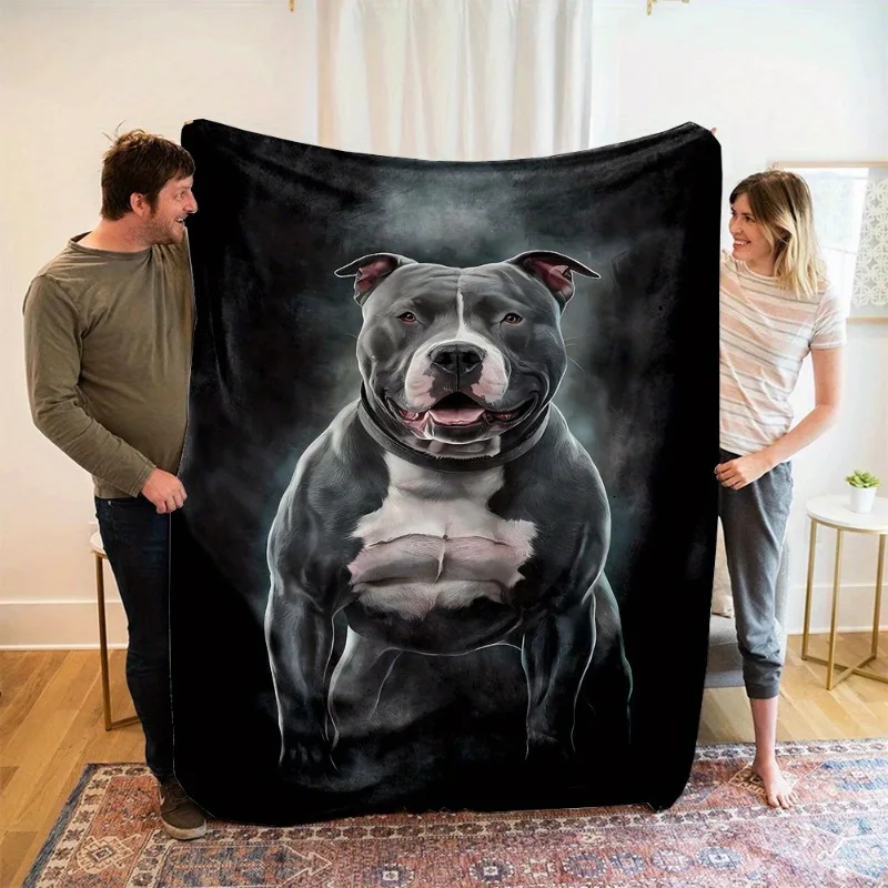 Schwarze Flanell-Überwurfdecke mit Muskel- und Pitbull-Muster – Digitaldruck, weiches, hochwertiges Polyester, pillingfrei