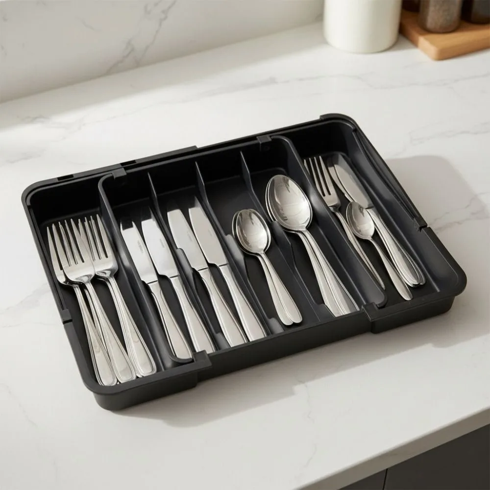

6 Grids Extendable Cutlery Storage Box Adjustable Plastic Cutlery Separation Trays Large Capacity Separated
