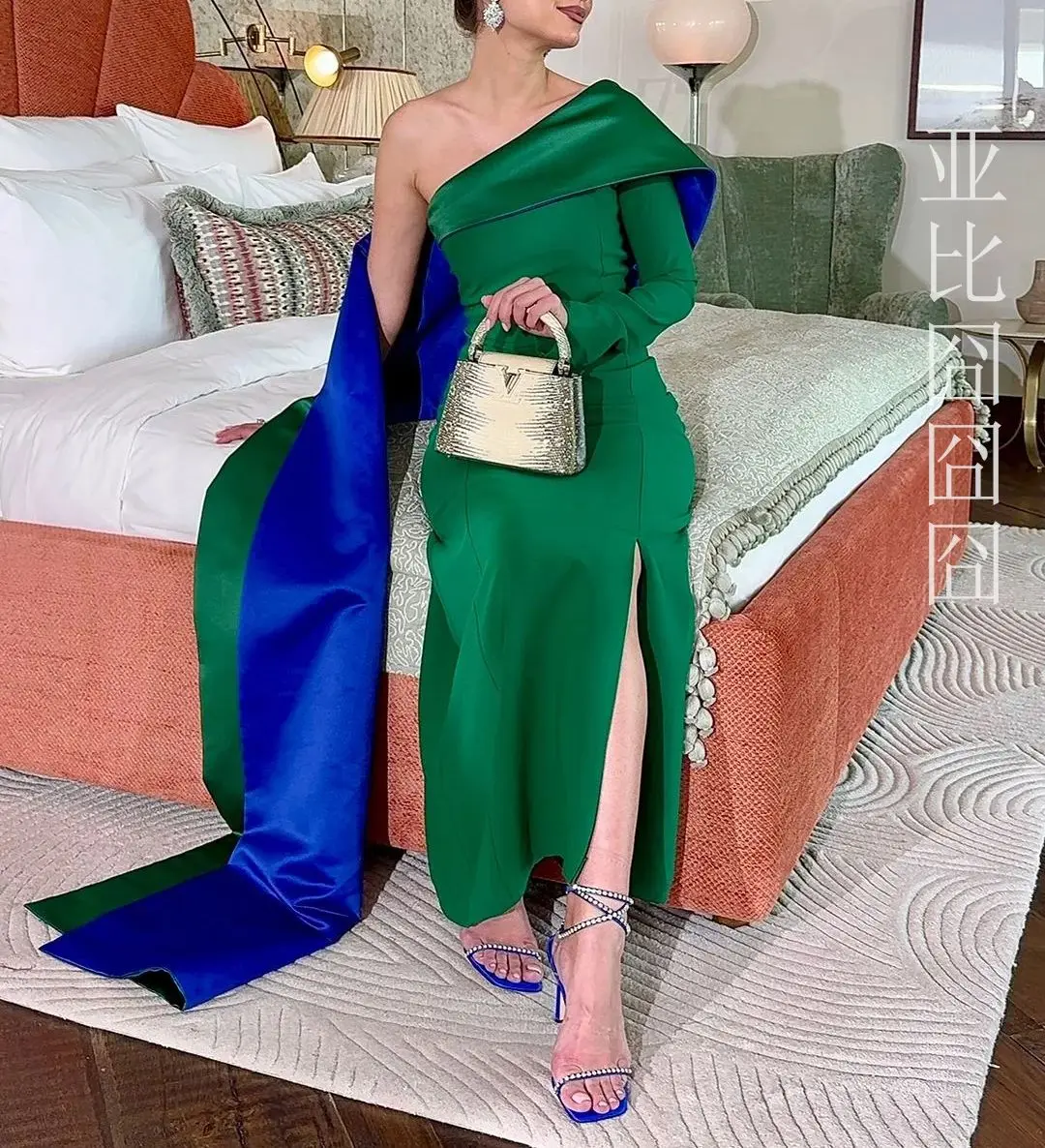 Long Sleeve Prom Dresses Party Gowns Ankle Length Green Evening Dress One Shoulder Side Split Saudi Arabia Wedding Dresses 2024