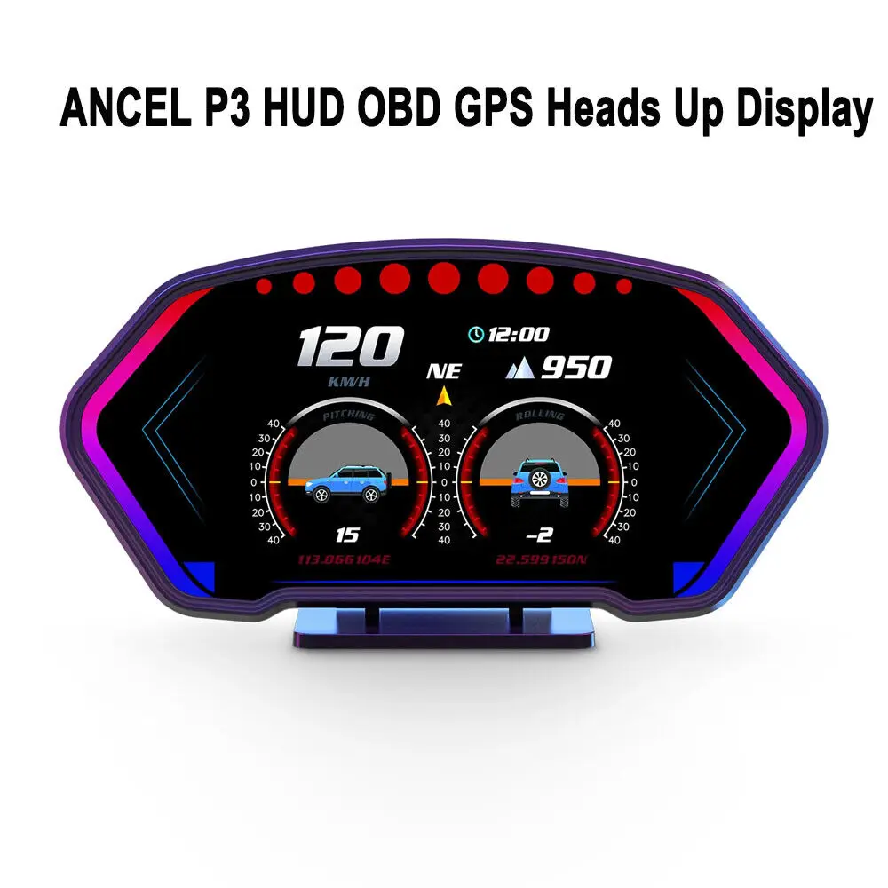 

Ancel P3 HUD Head Up Car Digital Display OBD2 GPS With Ambient Light Over-Speed Alarm Speedometer RPM Alarm Water & Oil Temp