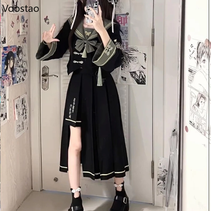 

Japanese Gothic JK Uniform Sets Women Lolita Style Cute Bow Sailor Collar Embroidery Tops Pleated Skirt Y2k Suit Autumn Outfits