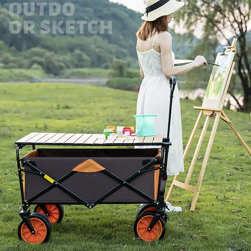 European-style Outdoor Camping Folding Cart with Stall Four-wheeled Grocery Shopping Cart Shopping Trailer Camping Camper