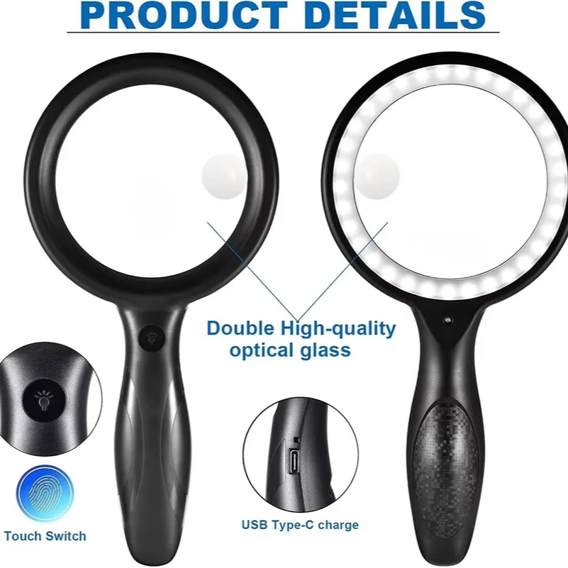 Reading Magnifier 5x 10x Handheld Magnifier USB Rechargeable - 33 Piece LED Magnifier for Close-Up Work, Repair and Reading