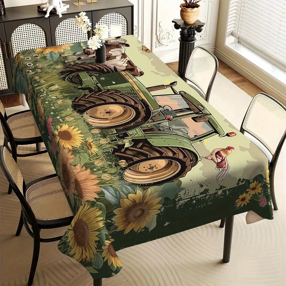 1pc farm tractor and sunflower tablecloth - rural green rectangular tablecloth, yzb