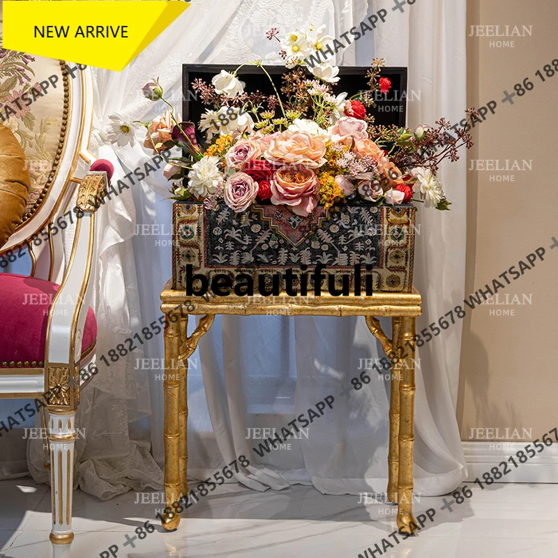 Q178 French retro solid wood painted imitation bamboo joint decorative box gold decorative cabinet living room