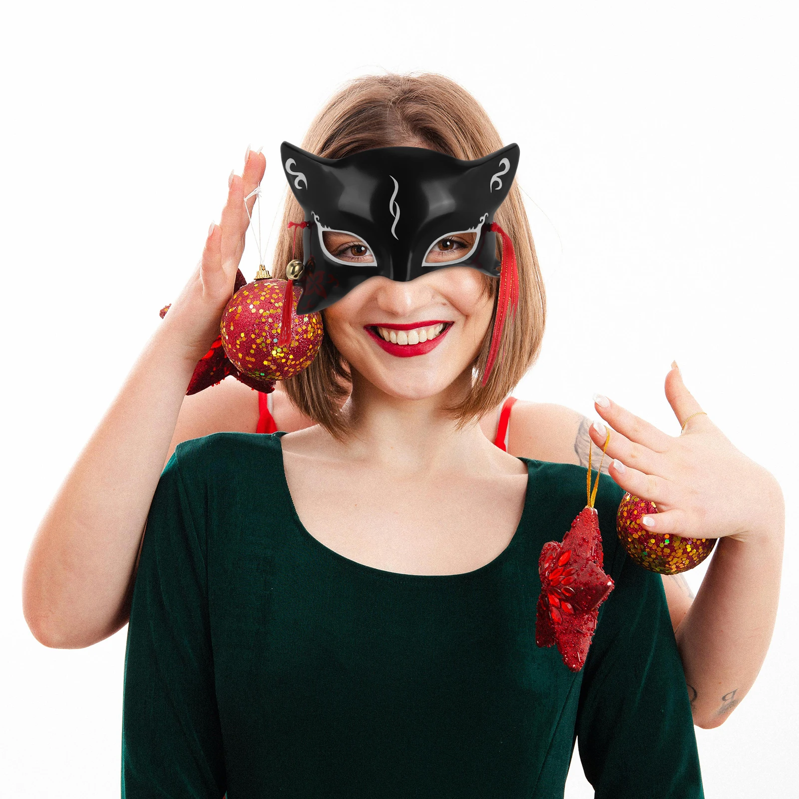 

Half Face Fox Masks Japanese Style Black White Cosplay Halloween Masquerade Durable Materials Adjustable Fit Lightweight