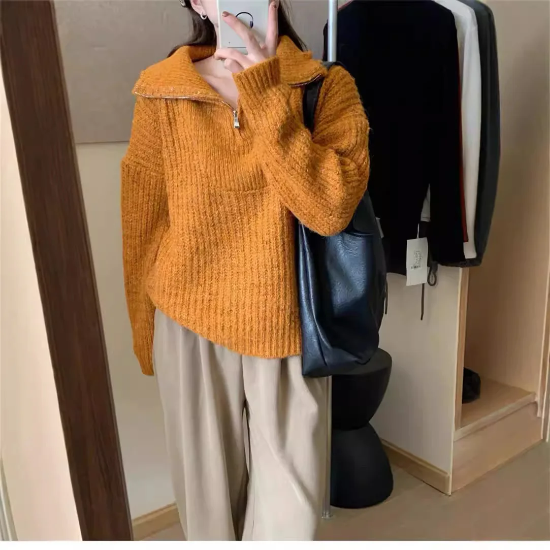 

Вязаный свитер женский с высоким воротником и половиной молнии, свободный толстый модный базовый слой, осень-зима, новый стиль E11144