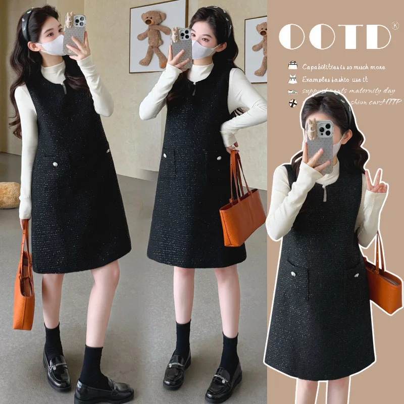 Maternity Suit Spring Autumn Elegant Temperament Sleeveless Dress With Pockets And Base Top Two Piece Set For Pregnant Women