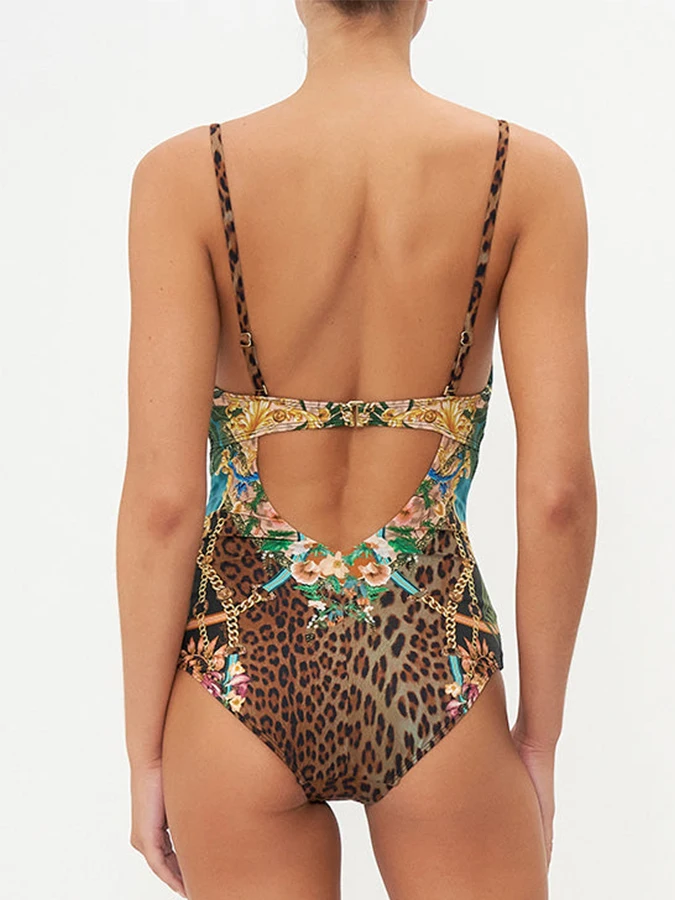 Vintage Floral Leopard Colorblock Print V-Neck Swimsuit Flower Swimwear Cover-up Designer Bathing Suit Summer