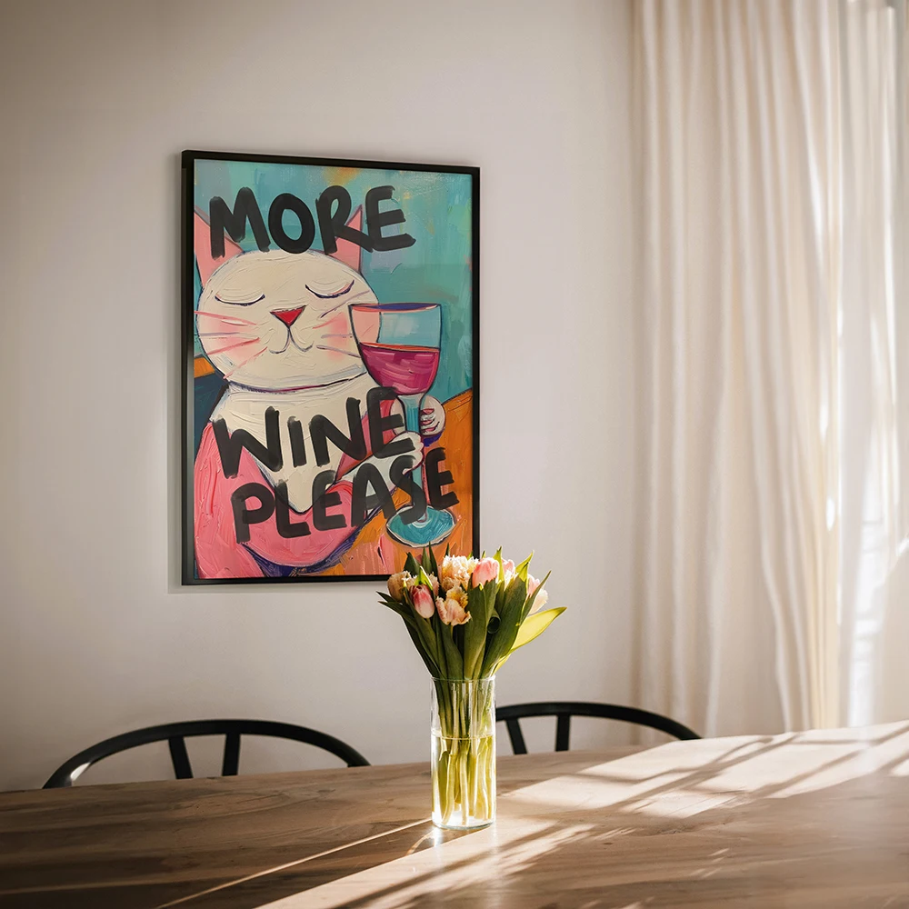 More Wine Please Kitchen Print Fun Poster Trendy Cute Kitchen Decor Typography Cat Lover Funny Painting Dining Room Art Murals