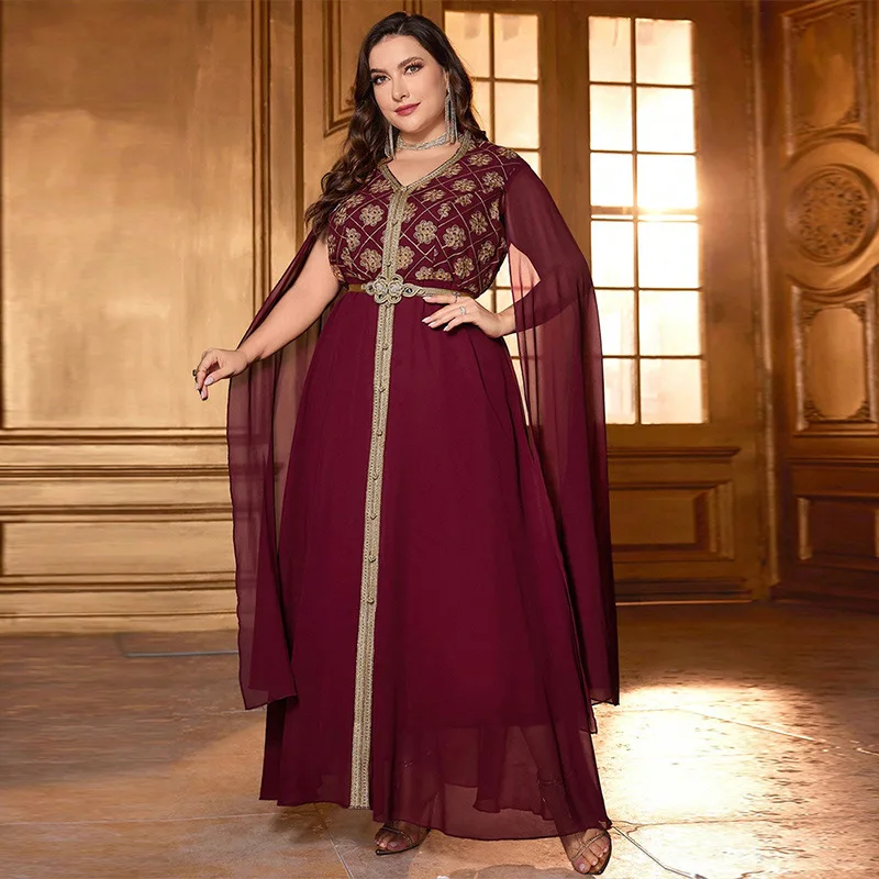 

Ky781 New Middle East Women's Clothing Elegant Embroidered Chiffon Sleeve plus Size Dress Robe