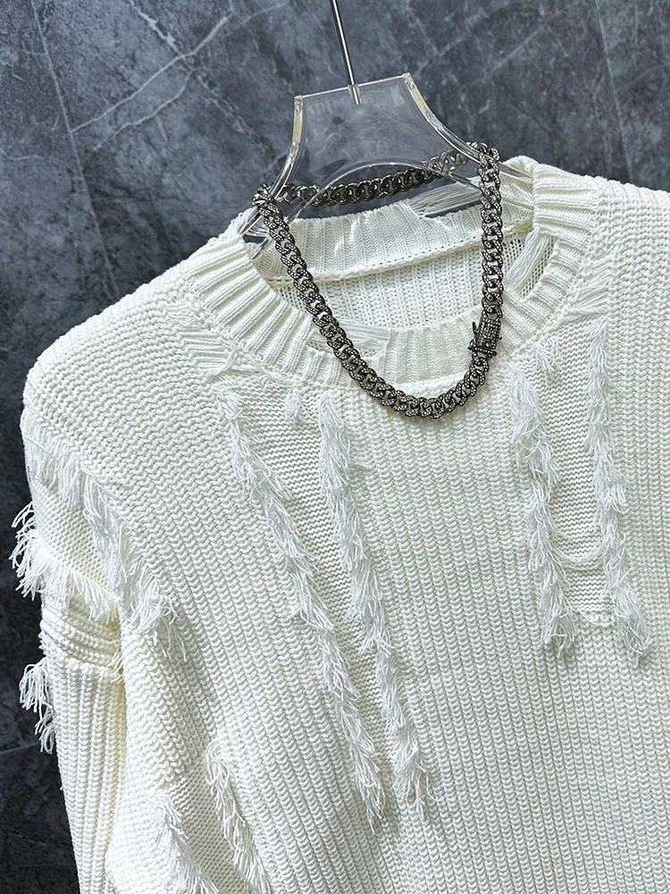 American High Street Ripped Fringe Fashion Trend Round Neck Sweater Autumn Winter Loose Casual Warm Knitted Sweater for Men