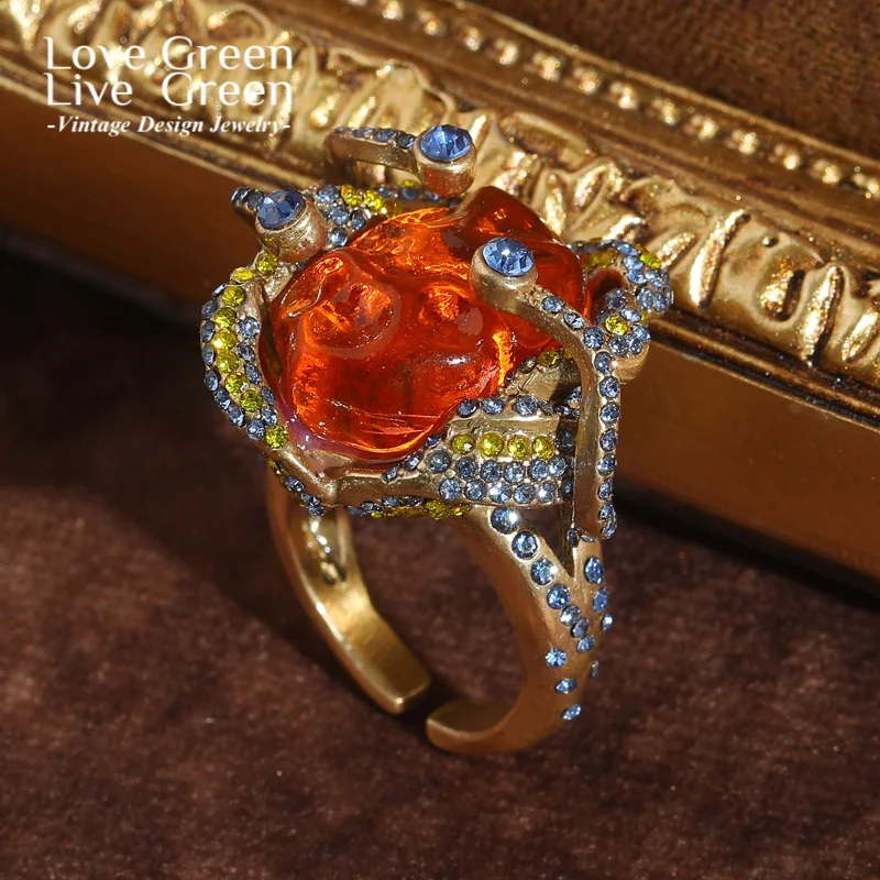 

Vintage Orange Crystal Rhinestone Rings Woman Antique Gold Color Large Luxury Jewelry Trends 2025 High Quality Thanksgiving New
