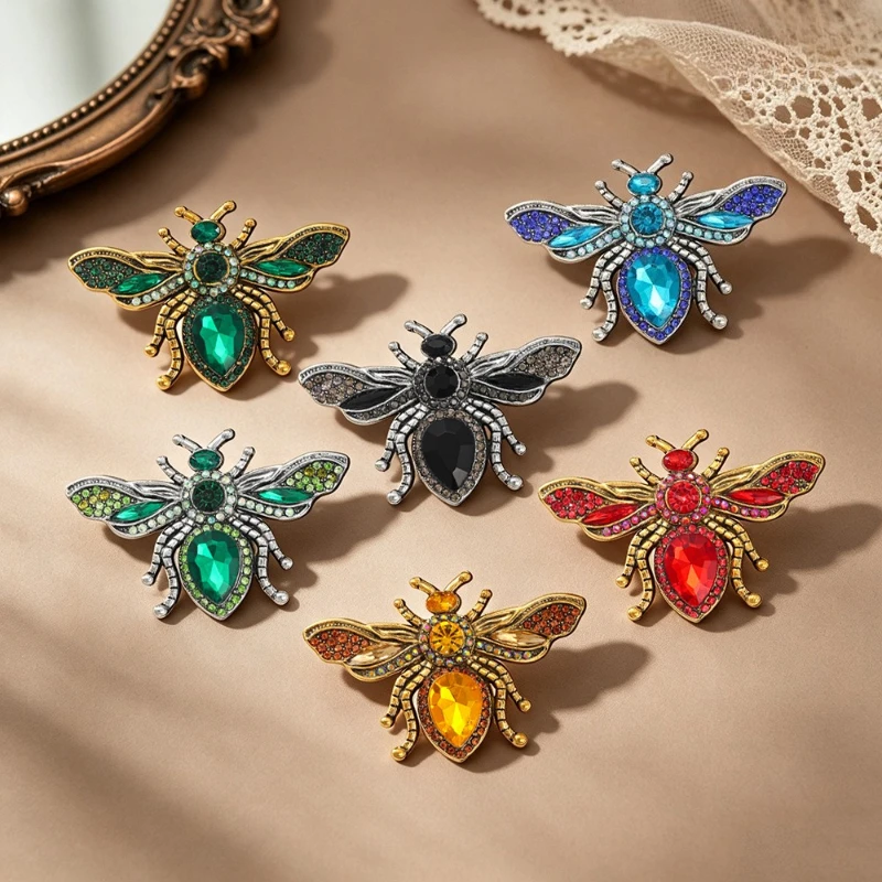 Vintage Rhinestone Bee Brooch 3D Insect Multicolor Badge Accessory Luxury Metal Pin DIY Clothing Bags Hat Scarf T-shirt Jeans