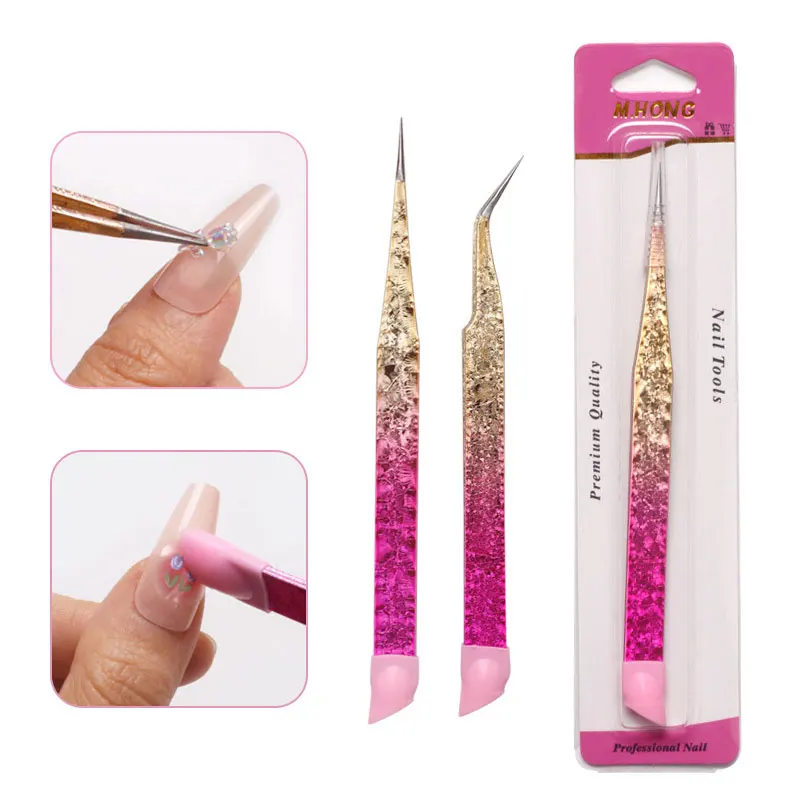 1Pc Doppel Ended Nail art Pinzette mit Silikon Drücken Kopf Strass Aufkleber Picking Werkzeug Edelstahl Wimpern Pinzette