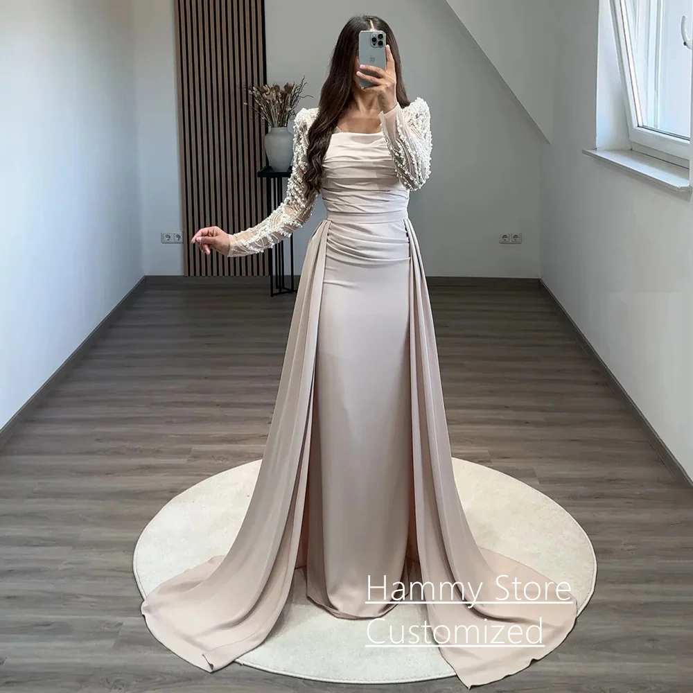 Navy Evening Dress for Woman Customized Long Sleeves Beading Sequined Straight Prom Gown with Train Party Robe De Soiree image 5