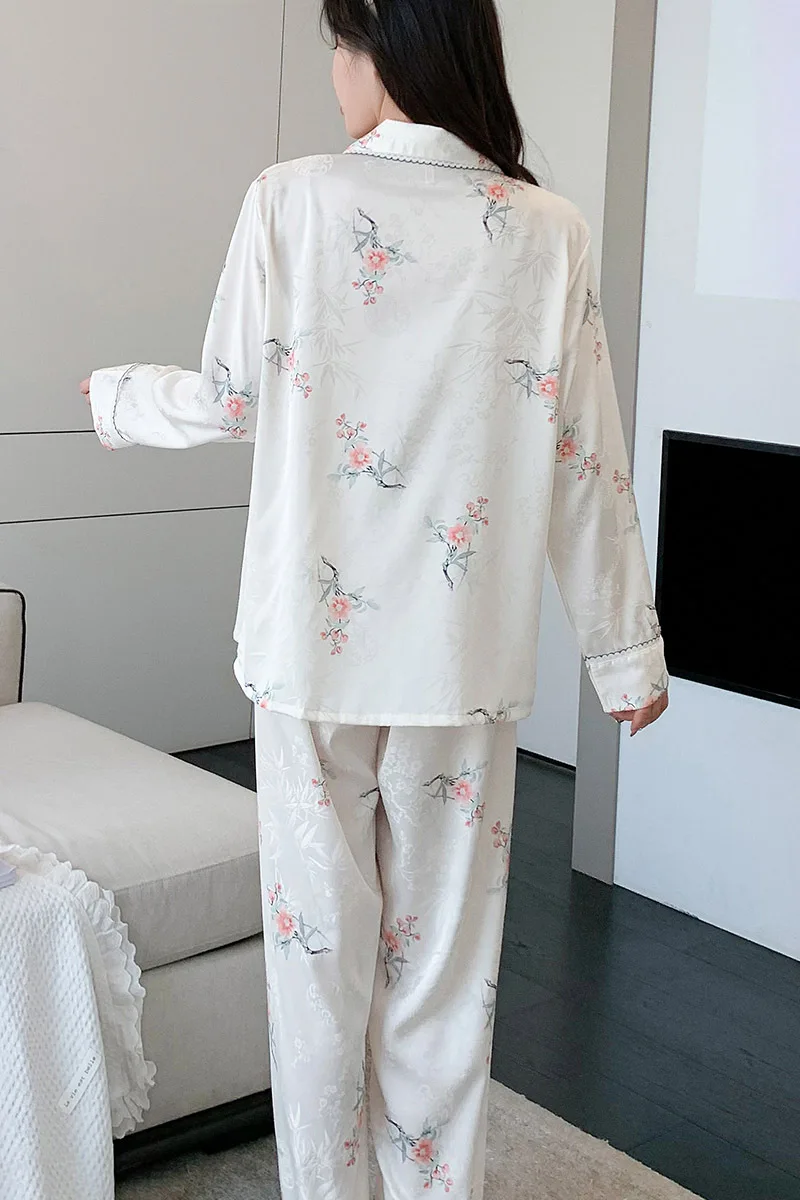 Lange Mouw Pijama Pak Bedrukt Satijnen Nachtkleding Lingerie Losse Casual Huiskleding Dames Pyjama Set