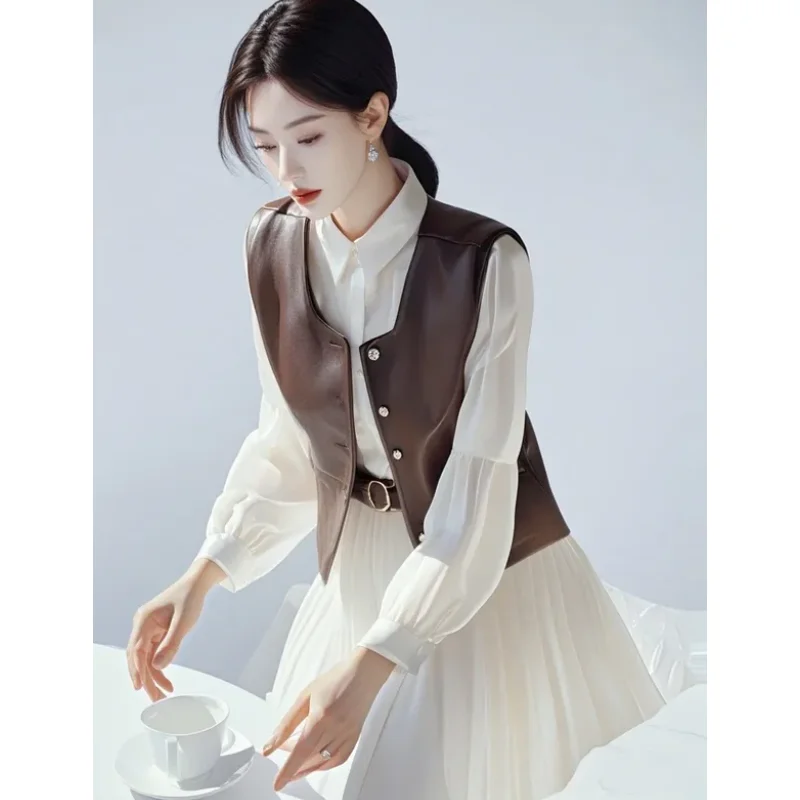 

Women's Spring Autumn Fashion Slim Vest Mini Dress Two Piece Suits 2025 Vintage Brown PU Leather Tank Tops Polo Dresses Outfits