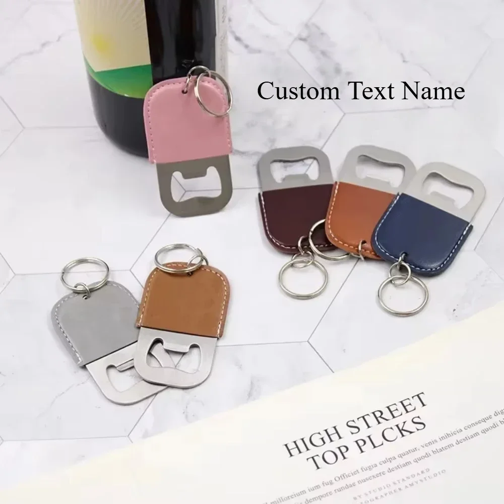 

Custom Logo Name Metal Bottle Opener Leather Keychain Individualization Originality Keyring Car Key Chain Ring Laser Gift