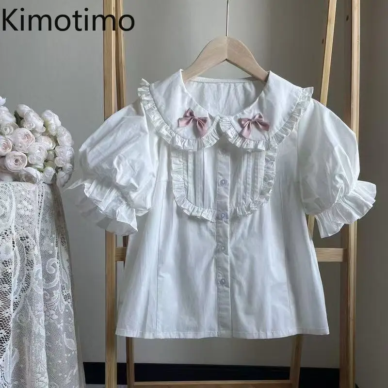 

Kimotimo White Peter Pan Collar Puff Sleeve Shirt Women Summer Lolita Sweet Bow Spliced Ruffle Tops Japanese Preppy Style Blouse