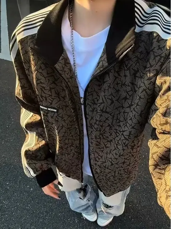 Korean Style Versatile Male Baseball Jacket with Stand Collar And Dark Thorn Pattern for Autumn Cleanfit Three Bars Coat