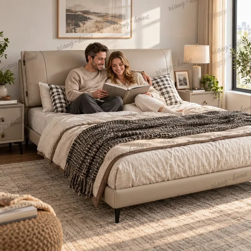 YJ Modern Luxury Italian Minimalist Bed, Ergonomic Split Headboard Beige Leather Upholstered Heavy Support King Size Bed