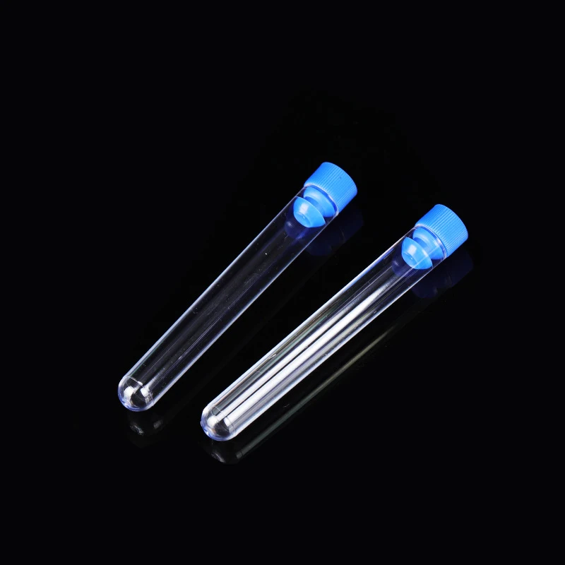 50 stücke Labor transparent Reagenzglas 12x75mm (5ml) klar ps Kunststoff Reagenz gläser mit blauen oder roten Kappen – Detail 4