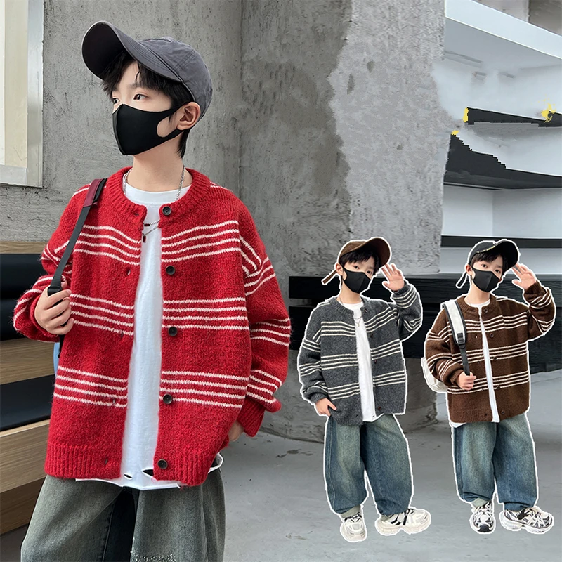 Loose Casual Kids Brown Grey Red Striped Knitted Cardigan with Buttons for Tween Boys Fashion Sweaters Children Autumn Knitwear