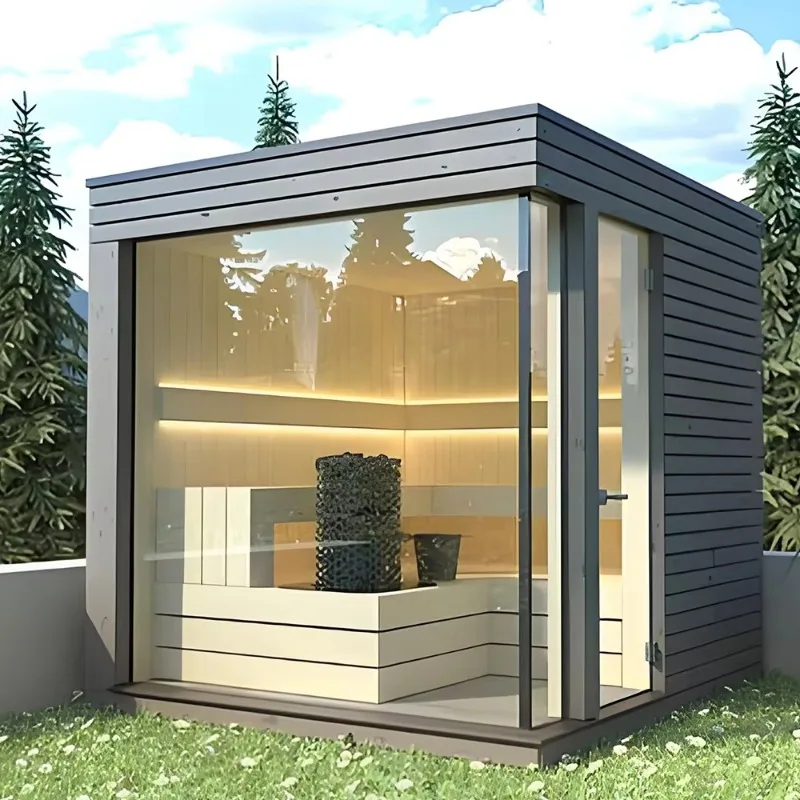 

Wet Dry Steam Far Infrared 4 Person Modern Outdoor Square Traditional Sauna Stylish Panoramic Glass Window Custom