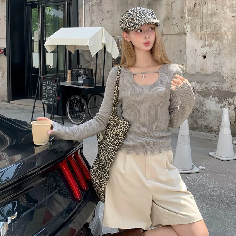 Zerrissene Pullover Frauen Langarm Tops einfarbig lässig Basic Pullover