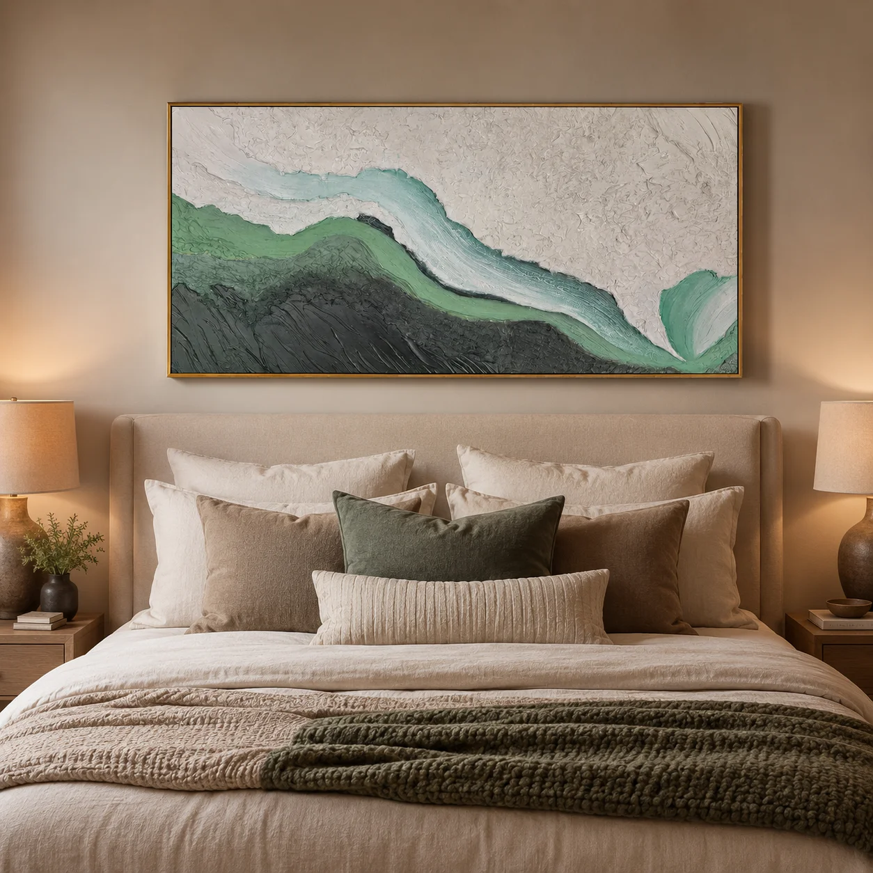 Mossy Earth – Panoramic Heavy Texture Green Abstract Painting | Wabi-sabi Nature Inspired Living Room Art