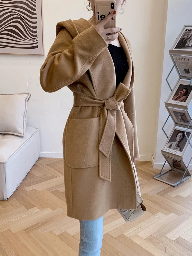 New Bathrobe Hooded Water Ripple Cashmere Wool Coat Women Mid-length Loose Pockets Fashion Belt Woolen Jacket Fit Autumn Winter