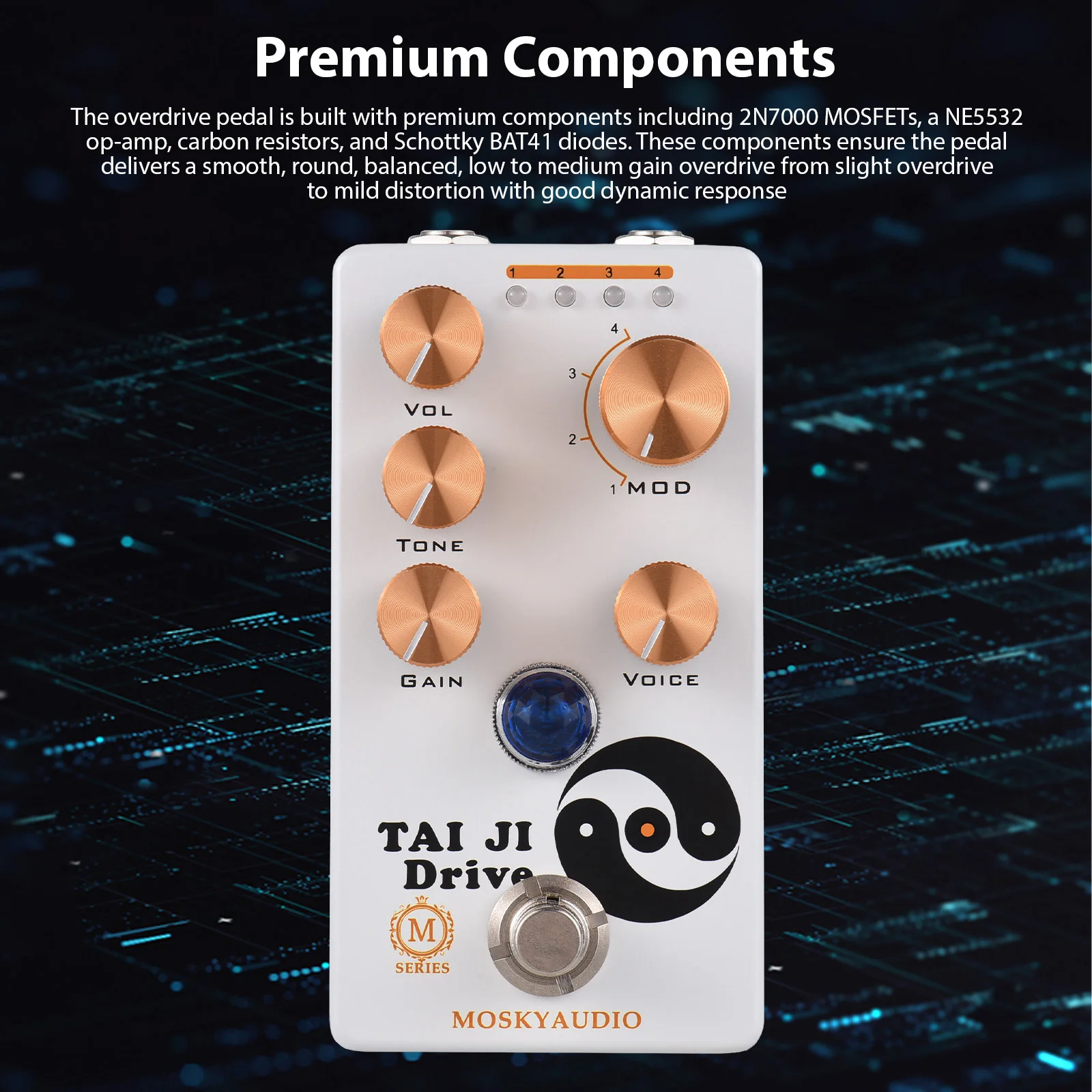 

MOSKYAUDIO TAI JI DRIVE Гитарная педаль эффектов Overdrive, громкость/тон/зель/голос/4-режимная ручка, 9 В постоянного тока, 6,35 мм, интерфейс ввода/вывода