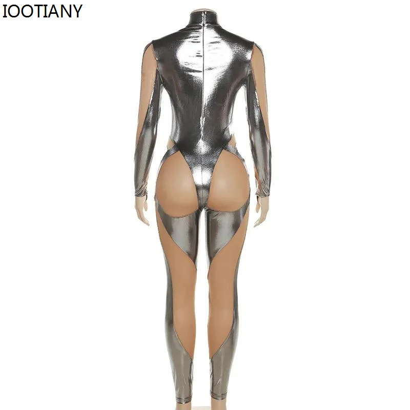 Women Cyberpunk Patchwork Jumpsuits Sexy Mesh See-through High Waist Bodysuit Halloween Cosplay Party Performance Zentai Catsuit