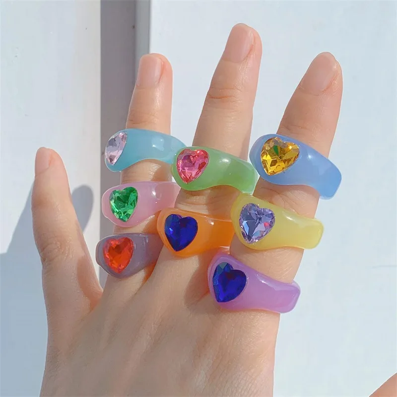 

New Resin Ring Finger Ring Ins Love Diamond Embedded Heart Geometric Index Ring Women's Couple Rings Fashion Jewelry