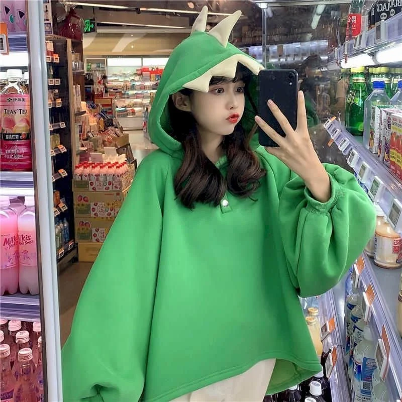 

2023 Dinosaur Sweatshirt Women Hoodies Loose Korean Harajuku Cute Animal Tops Autumn Winter Outfits Plus Fleece Hooded Jackets