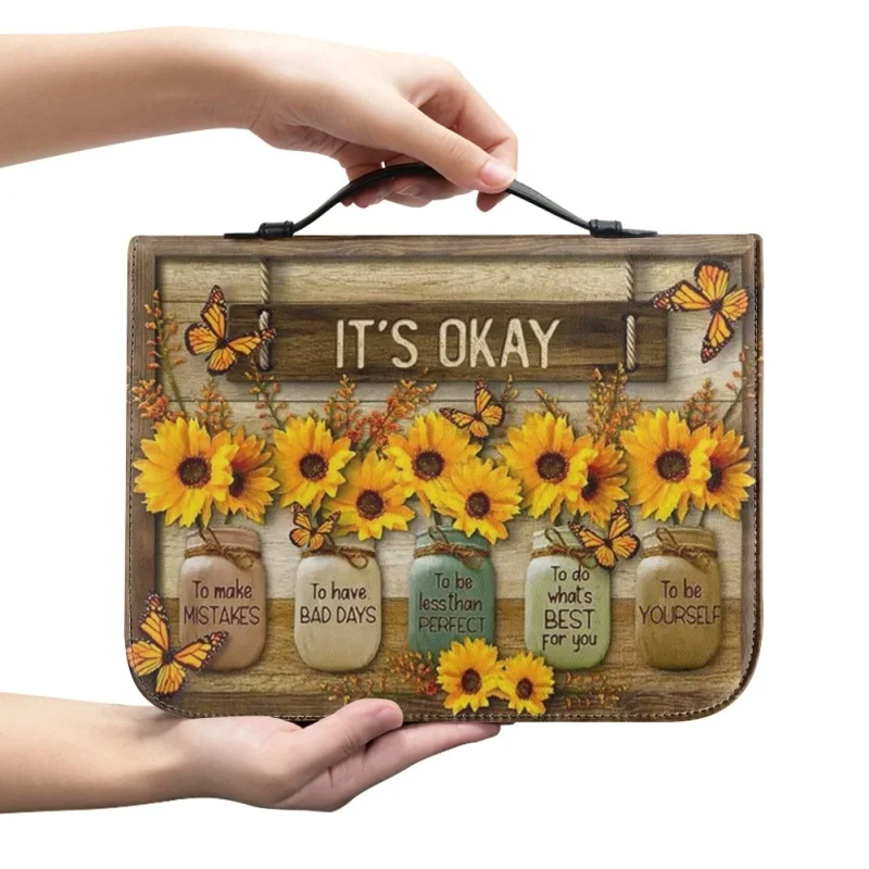 It's Okay Personalized Sunflower Butterfly Personalized Print Church Bible Cover Case PU Handbags Study Book Holy Storage Boxes