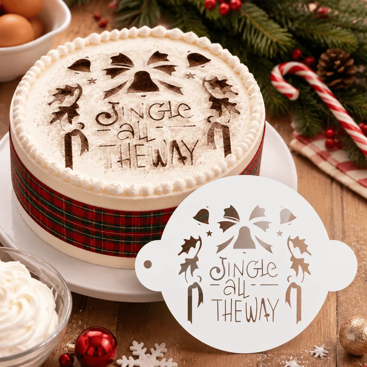 Food‑Grade PET 1Pcs Christmas Bell Bow Holly Ribbon Cake Stencil, Reusable Hollow Template for Cake Cookie Fondant Party Decor