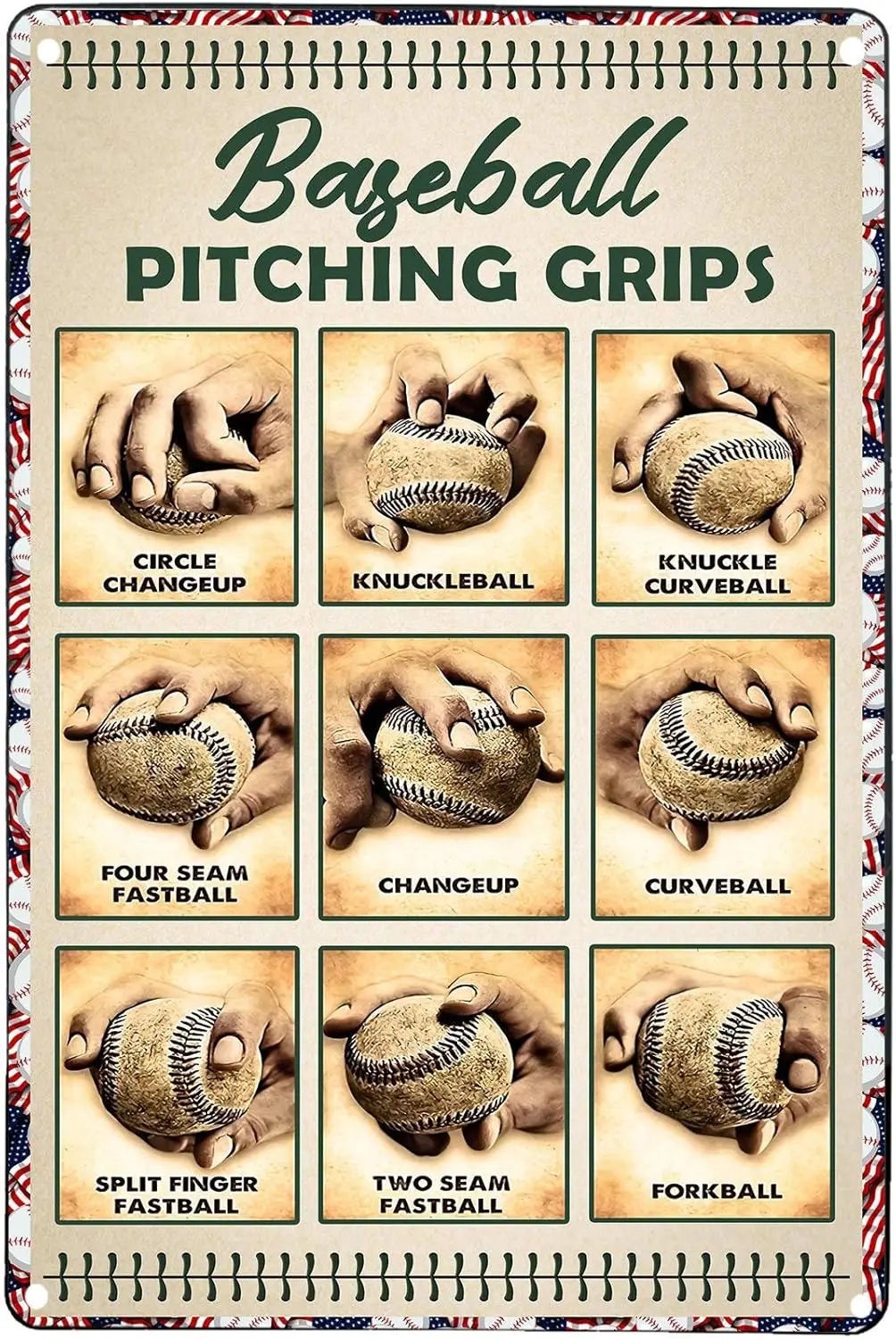 Baseball Pitching Grips Retro Metal Sign Tin Sign Retro Art Print Poster Decoration Bar Cafe Club Wall Plaque 8x12 Inches