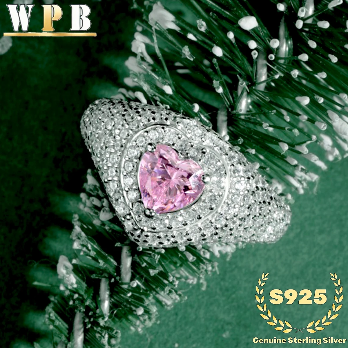 

‌S925 Sterling Silver Pink Heart Zircon Ring Pave Halo Romantic Jewelry Gift for Women Engagement Wedding Anniversary Valentine