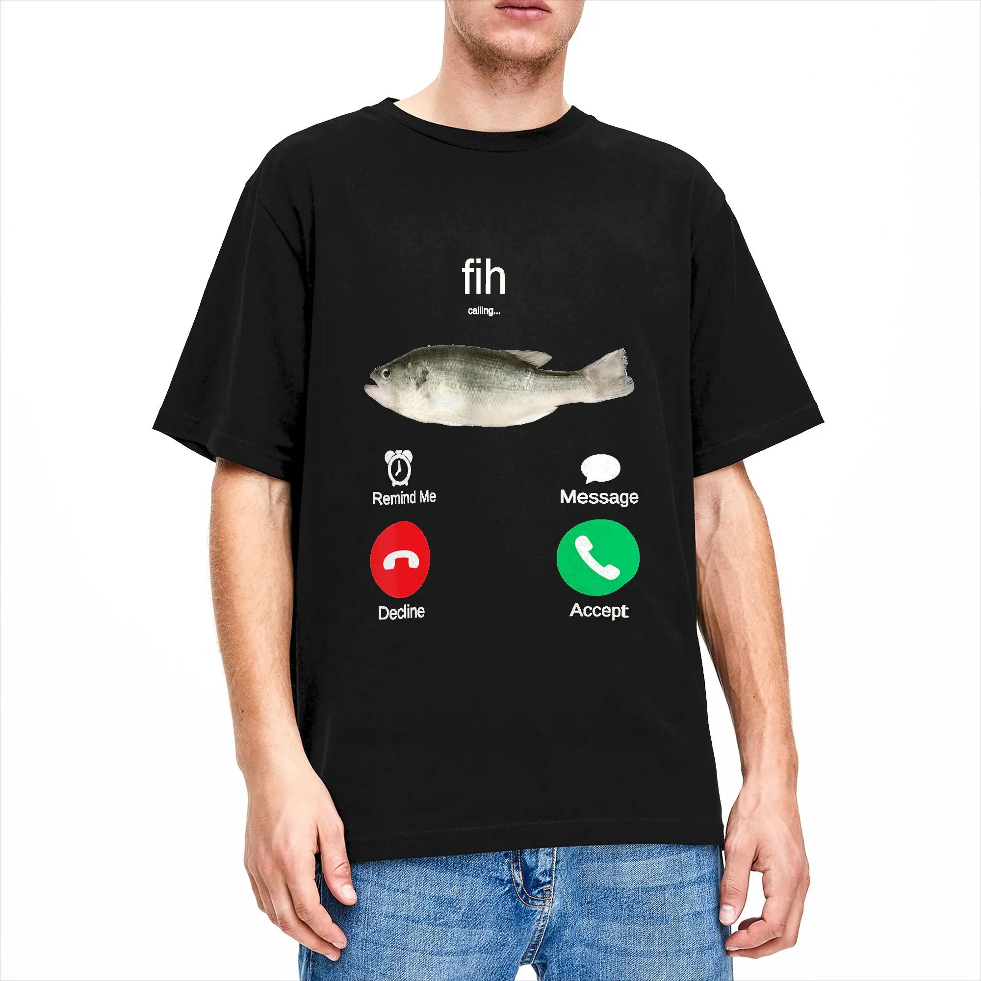 Fih Calling Remind Me Message Decline Accept Phone Call Fish T-Shirt Men Hipster Cotton Tees Short Sleeve T Shirt Plus Size Tops