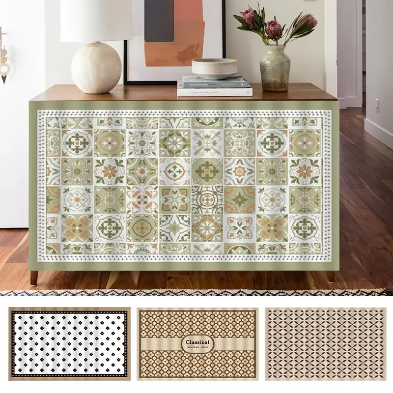 VIKAMA Vintage Tile Print Cabinet Curtain Self‑Adhesive No‑Drill Dustproof Shield Curtain For Cupboard Home Decor