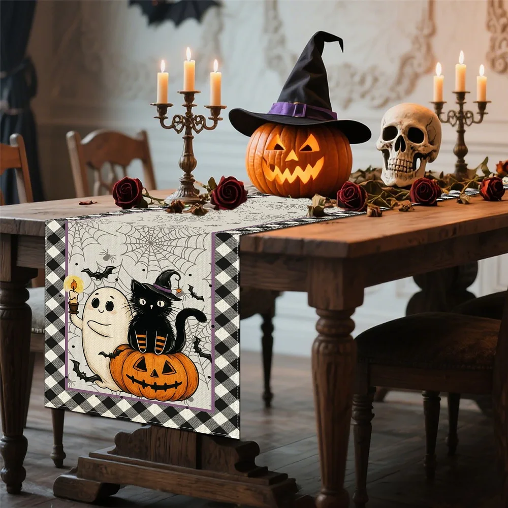 Happy Halloween Table Runner Ghost Pumpkin Spider Dresser Scarves Table Cover for Home Kitchen Dining Table Party Decoration